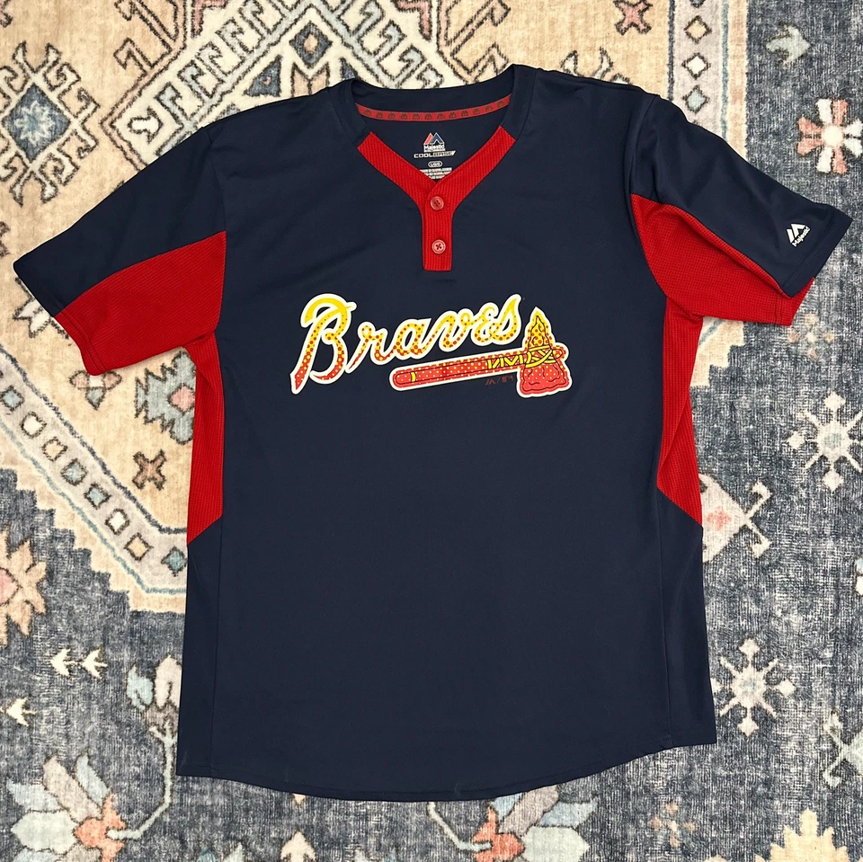 Atlanta Braves Mens Jersey Navy Blue & Red - Large - Majestic