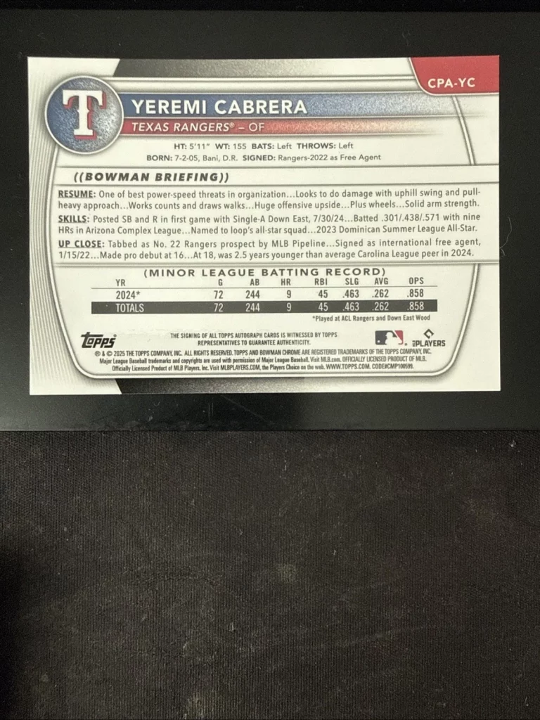 2025 Bowman Yeremi Cabrera 1st Chrome Refractor Auto /499 Texas Rangers CPA-YC